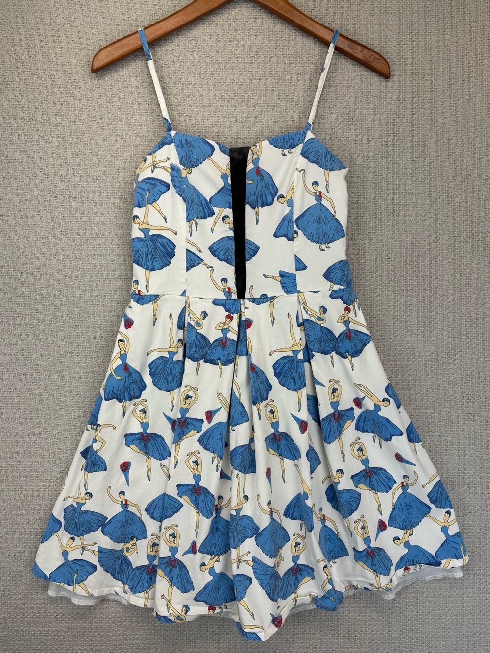 Kling Spaghetti Strap Blue Ballerina Print Mini Dress Sz S Pin Up Retro No Tag